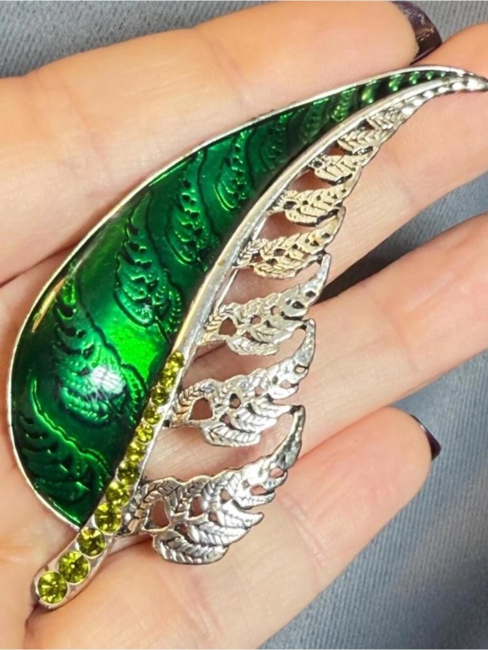 Leaf Brooch Vintage Green Enamel Rhinestone Silver Tone Statement 3 Inch
